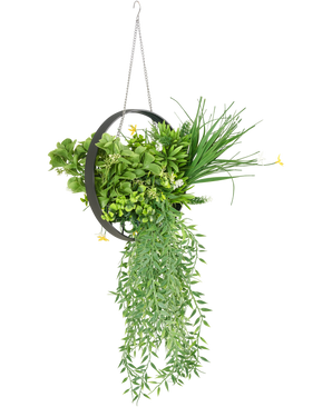 The Artificial hanging plant fern UV 30 cm in ring black is a hanging round metal planter with lush artificial green fern leaves, trailing leaves and a silver chain, against a white background.