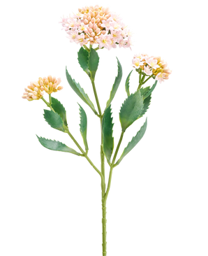 The Artificial Flower Kalanchoe 47 cm pink has a single green stem with three bunches of small, light pink and peach-colored flowers and elongated serrated green leaves, isolated on a white background.