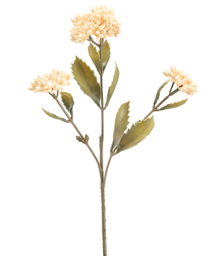 The Artificial Flower Kalanchoe 47 cm cream has a single artificial stem with three bunches of small, light cream flowers and green serrated leaves, against a plain white background.