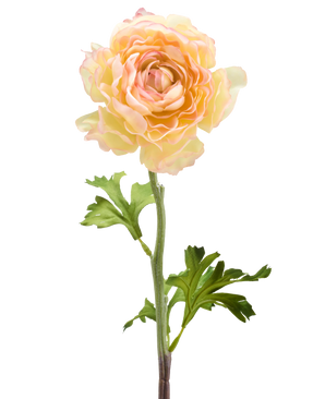 The Artificial Flower Ranunculus 51 cm salmon pink has a single artificial ranunculus flower in soft salmon pink tones with layered petals and green leaves on a long stem, against a white background.