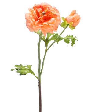 A single stem of the Artificial Flower Ranunculus 51 cm light pink with a large light pink flower in full bloom, a smaller bud and green leaves against a white background.