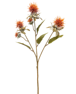 The Artificial Flower Safflower 57 cm old orange has a single stem with three spiky, thistle-like orange flowers and several green leaves, isolated on a white background.