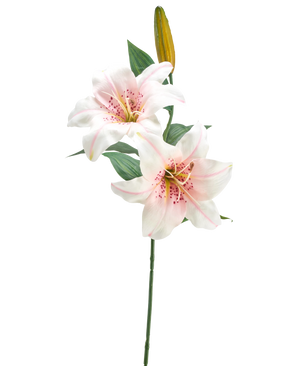 The Artificial Flower Lily 66 cm white/pink has a single stem with two open white and pink lilies, a closed yellow bud and green leaves, against a plain white background.