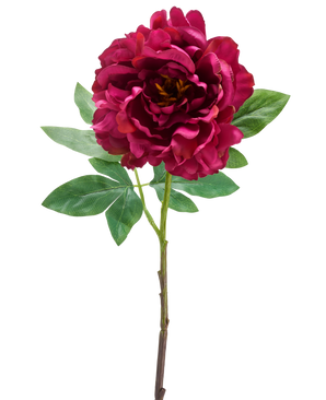 The Artificial Flower Peony 61 cm purple is a single artificial peony with large, layered purple petals and multiple green leaves, depicted against a plain white background.