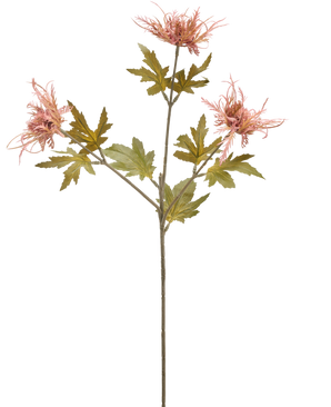 A single stem of Artificial Flower Thistle 60 cm orange with three orange, spiky flowers and several serrated green leaves, isolated on a white background.