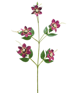 The Artificial Flower Celematis 78 cm purple has a single green stem with five blooming purple flowers, each with pointed petals and a yellow heart, surrounded by green leaves and curled tendrils, isolated on a white background.