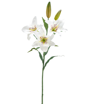 The Artificial Flower Lily 78 cm white has a single stem with three open white lily flowers, a pink speckled heart, two closed buds and green leaves, against a plain white background.