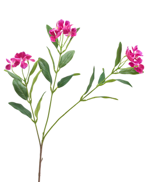 The Artificial Flower Catharanthus 68 cm purple has bunches of vibrant purple flowers and slender green leaves on a white background.