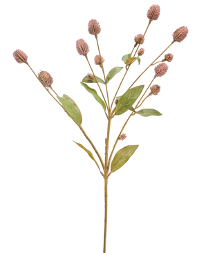 The Artificial Flower Globosa 69 cm mauve is a single artificial stem with multiple branches, elongated green leaves and bunches of small mauve flower buds, against a white background.