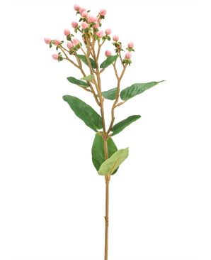 The Artificial Flower Hypericum 65 cm pink has bunches of small pink flower buds and green leaves on a long, slender brown stem, against a plain white background.