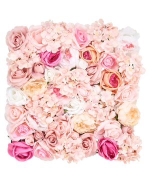 The Artificial Hedge Flowers 50x50 cm light pink has a square arrangement of artificial roses and hydrangeas in soft pink, peach, white and cream tones, densely packed for a lush floral display.