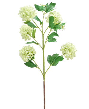 The Artificial Flower Snowball 77 cm green has a single green stem with multiple branches, each decorated with bunches of round, light green flowers and several green leaves, all isolated on a white background.