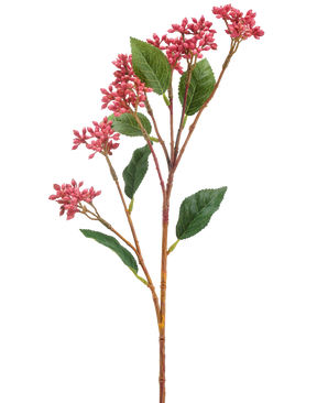 The Artificial Flower Japanese Berry 62 cm dark pink has a single artificial stem with bunches of small dark pink flowers and some green leaves, against a white background.