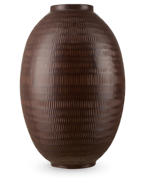 The Vase Earth Nest 36 cm brown is a large, dark brown, oval vase with a structured pattern of vertical and horizontal lines against a plain white background.