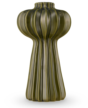 The Morning Dawdrop Vase 25 cm green is a tall, modern vase with a glossy olive green finish, vertical ridges and an organic, sculptural shape that tapers from a spherical top to a sleek fluted base.