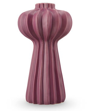 The Vase Morning Dawdrop 25 cm purple is a tall, sculptural vase with a matte, deep purple finish, vertical ridges and a bulbous top that tapers to a slender base, against a plain white background.
