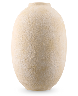 The Vase Blush Meadow 42 cm beige is a round ceramic vase with a structured, stone-like surface and a narrow opening, depicted against a white background.
