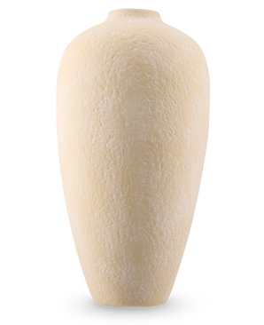 The Calm Bloom Vase 42 cm beige is a tall, oval ceramic vase with a structured surface and a narrow opening, against a plain white background.