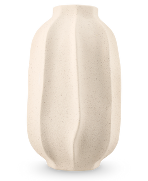 The Vase Petal Shade 30 cm beige is a vase made of structured ceramic with a matte finish and organic wavy vertical ridges against a light gray background.