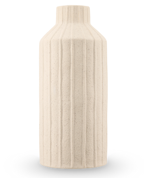 The Forest Curve Vase 30 cm beige is a tall, cylindrical ceramic vase with a matte, structured surface with vertical ribbed patterns and a narrow neck.