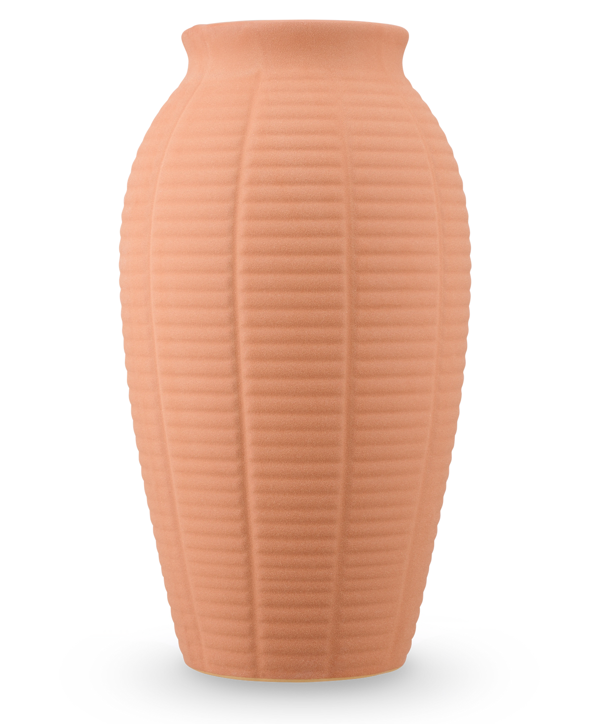 The Vase Wild Petal 26 cm terra is a tall, peach-colored ceramic vase with a vertically ribbed texture and a slightly flared edge.
