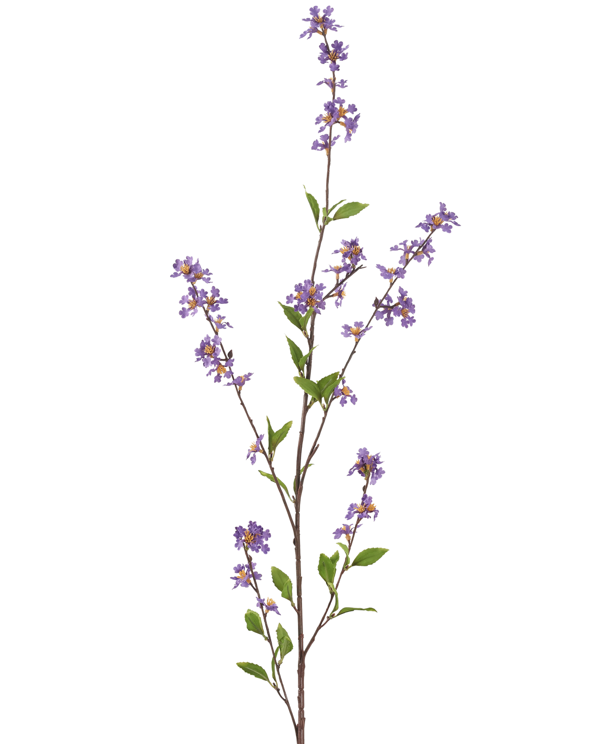 The Artificial Flower Flowers 119 cm purple has a tall, slender branch with bunches of small purple flowers and green leaves, perfect to brighten up any room.