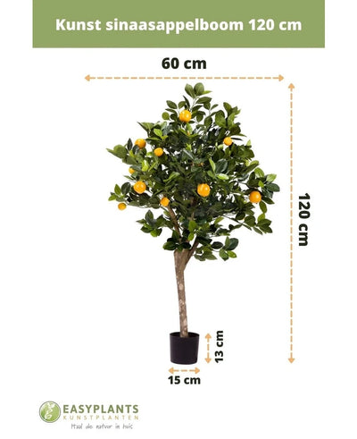 The Artificial orange tree 120 cm has green leaves and orange fruits, is in a small black pot (13x15 cm), is 60 cm wide and comes with Dutch text and EasyPlants logo.