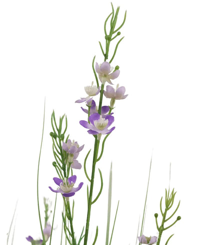 The Artificial Grass Millet Onions grass pot 90cm fire retardant has tall green stems with slender leaves and small, five-petalled purple and white flowers spread along the stems, beautifully displayed against a white background.