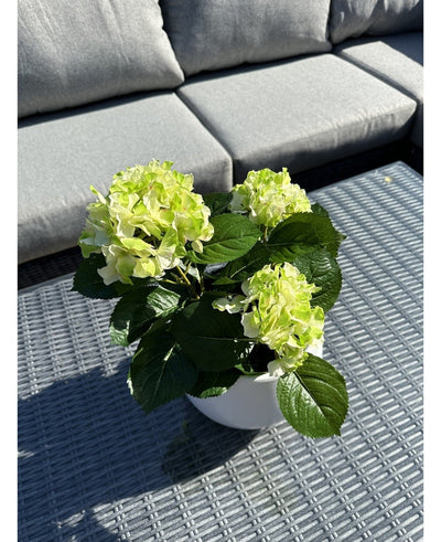 The Artificial Hydrangea Green UV 35 cm plant with light green flowers stands on a gray wicker outdoor table, in front of a gray sofa with cushions. Sunlight illuminates the artificial plant and casts shadows across the table.