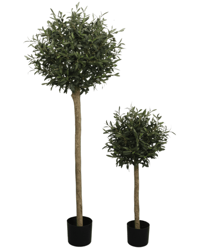 The Artificial olive tree UV 150 cm is an artificial olive tree in a pot with a round, leafy green top and a long, thin trunk. UV resistant and presented in a black pot, it stands out against a plain white background.