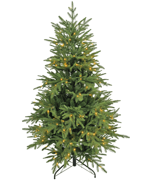 The Artificial Christmas Tree "Åsmund" PE/PVC - Smart LED is a green artificial tree with a black metal stand, equipped with small, evenly distributed warm white lights and without ornaments or tree topper.