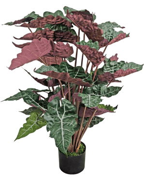 The Artificial Plant Alocasia 100 cm green/red has large, dark green leaves with prominent white veins and red-purple undersides, presented in a black pot.