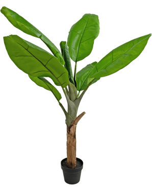 The Artificial Plant Banana Tree 120 cm is a potted banana plant with large, vibrant green leaves and a thick brown stem, against a white background.