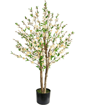 The Artificial Cherry Blossom Plant 120 cm cream is an artificial cherry blossom tree in a pot with multiple brown trunks, green leaves and bunches of small white flowers against a plain white background.
