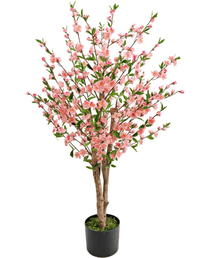 The Artificial Cherry Blossom Plant 120 cm pink has multiple brown stems with pink blossoms and green leaves, in a black pot with green moss at the base, against a white background.