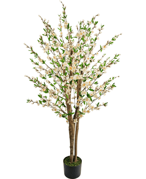 The Artificial Cherry Blossom Plant 150 cm cream has multiple brown trunks, green leaves and bunches of small white flowers in an artificial tree in a pot against a plain white background.