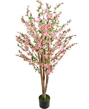 The Artificial Cherry Blossom Plant 150 cm pink is an artificial cherry blossom tree with multiple brown trunks, pink flowers and green leaves, depicted against a plain white background.