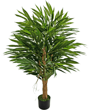 The Artificial Plant Longfolia 120 cm is a tall artificial tree with slender green leaves and a brown trunk, in a black pot with green moss, against a plain white background.