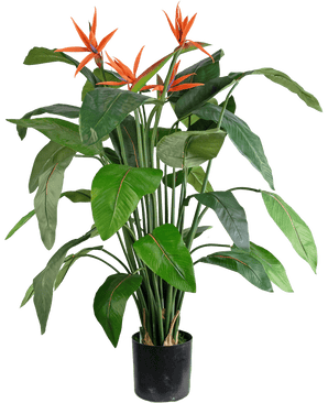 The Artificial Plant Strelitzia 120 cm is an artificial bird of paradise in a pot with large green leaves and several orange, crane-like flowers that protrude above the foliage.