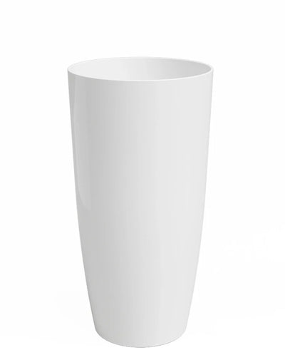 The Planter Santorini is a tall, white, cylindrical vase (Ø27cm x H40cm) with a smooth, glossy finish. The vase stands upright against a plain white background.