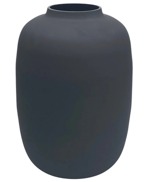 The Artic Black Vase Ø21 x H29 cm is a matte black, round ceramic vase with a smooth surface and a wide opening, depicted against a plain white background.