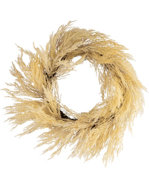 A round Artificial Wreath Pampass of 60 cm in beige, made from dried, fluffy, light brown grass with an airy texture and an airy appearance, against a white background.