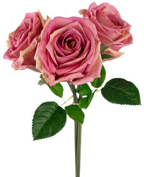 The Artificial Rose Bouquet Real Touch Old Pink 30cm has three pink artificial roses with green leaves and stems, beautifully arranged against a plain white background.