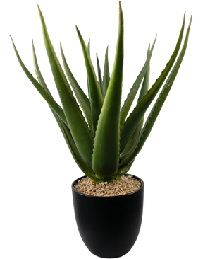 A close-up of the Artificial Plant Aloe Vera 45 cm shows thick, green, spiky leaves in a black pot filled with small light brown pebbles.