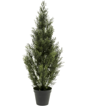 The Artificial Plant Conifer UV 90cm is a small artificial pine with dense green foliage in a black plastic pot, standing upright against a plain white background.