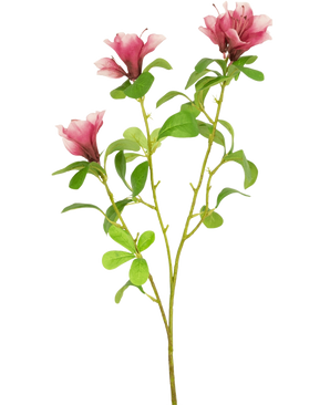 A single Artificial Flower Rhododendron Azalea 73 cm fuchsia stem with three blooming pink flowers and several green leaves on a white background.