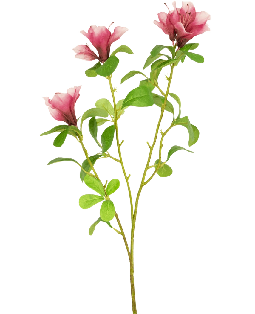 A single Artificial Flower Rhododendron Azalea 73 cm fuchsia stem with three blooming pink flowers and several green leaves on a white background.