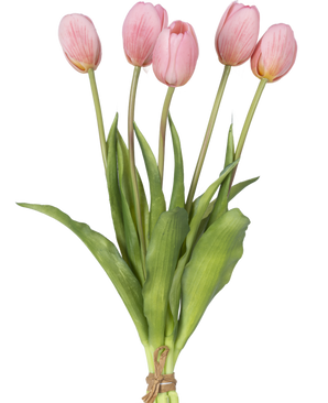 An Artificial Tulip Bouquet Real Touch Pink 40 cm has five pink artificial tulips with green leaves, tied to the stems with rope, depicted on a white background.