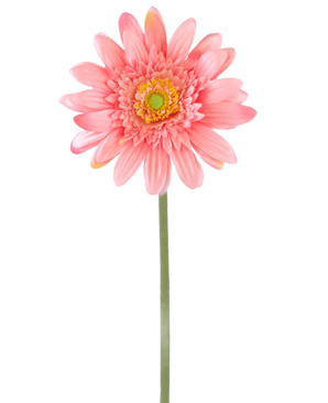 An Artificial Flower Gerbera 55 cm pink has a single pink gerbera with a yellow-green heart on a long green stem, against a plain white background.