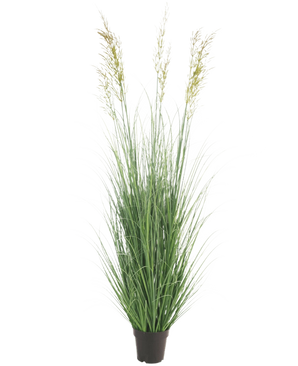 The Artificial Grass Plant Wheat 150 cm fire retardant is a tall, maintenance-free plant with slender green leaves and plumes in a pot - ideal as a garden decoration, depicted against a plain white background.